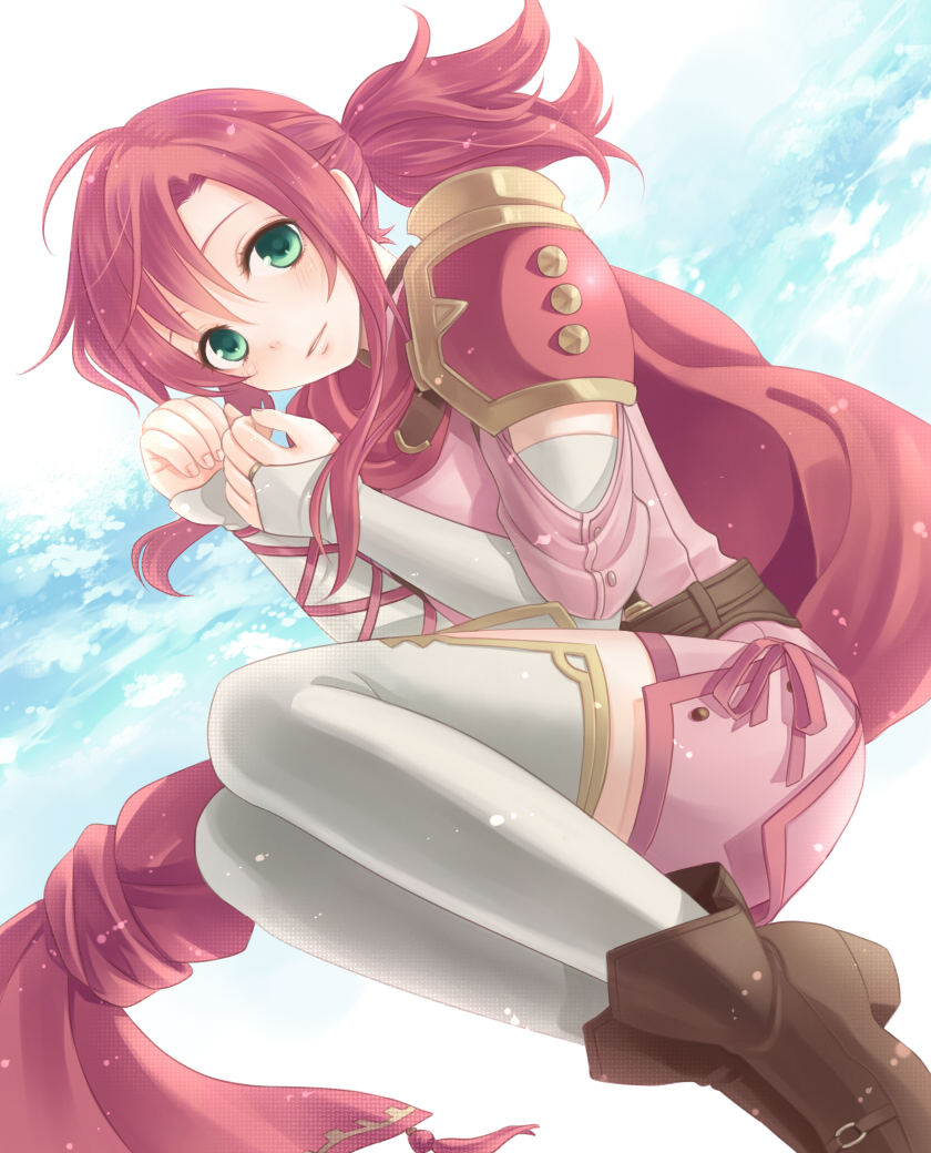 1girl, blush, boots, bridal_gauntlets, cape, fire_emblem, fire_emblem:_mystery_of_the_emblem, green_eyes, kiyuu, long_hair, norn_(fire_emblem), pauldrons, pink_hair, ponytail, solo, thigh-highs, thighhighs