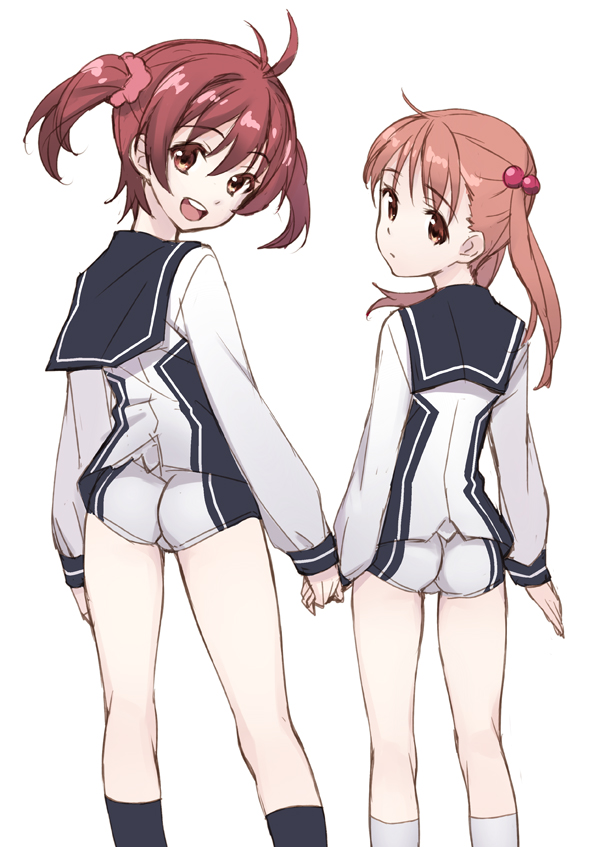 2girls, :d, ass, brown_eyes, brown_hair, from_behind, hand_holding, hands_together
