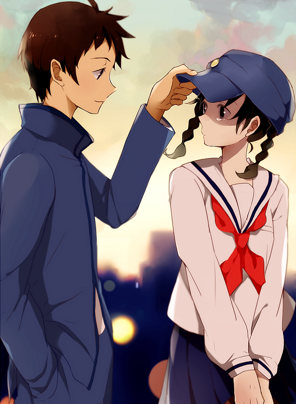 1boy, 1girl, black_hair, braid, brown_hair, hat, kazama_shun, kokurikozaka_kara