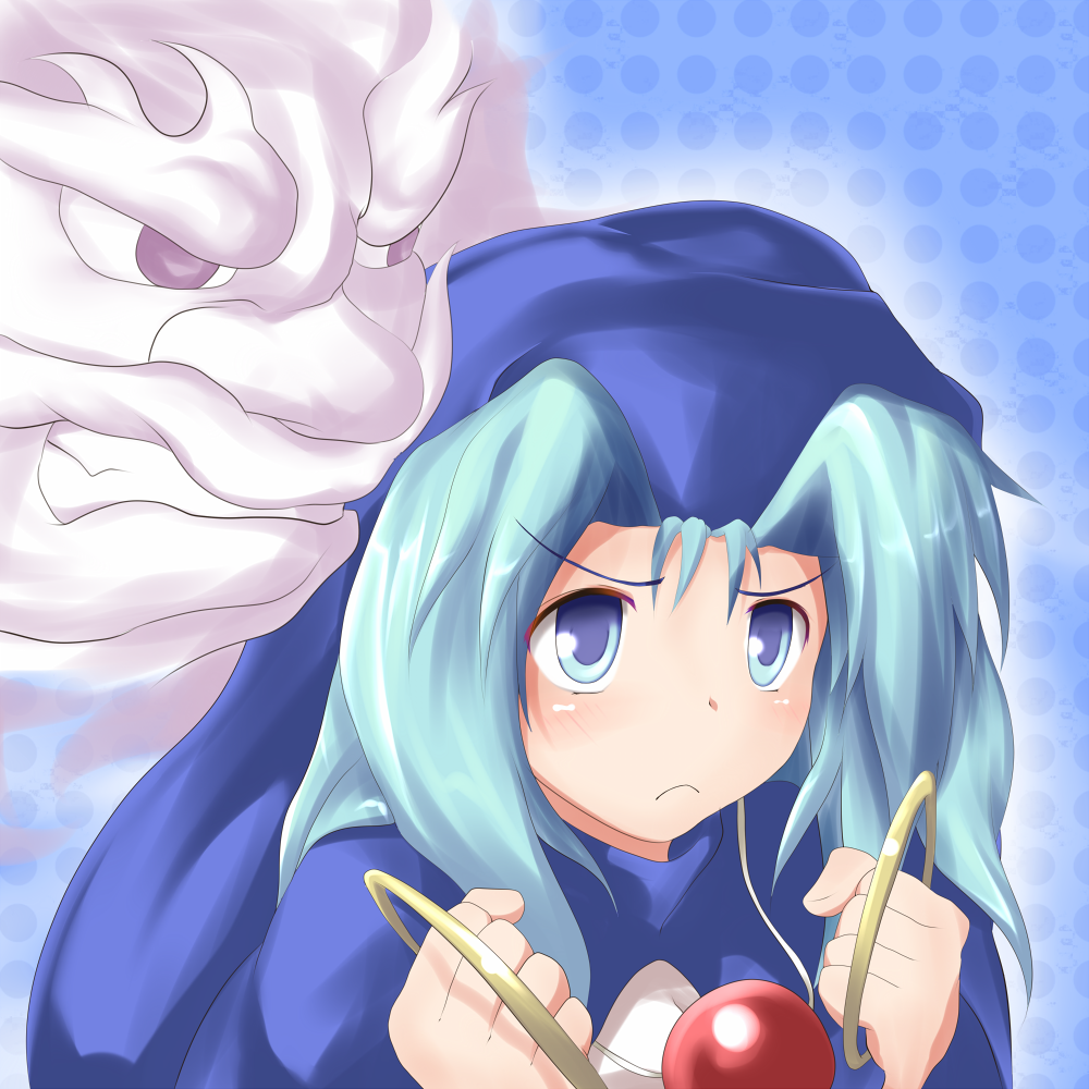 1boy, 1girl, blue_eyes, blue_hair, dress, hood, jewelry, kumoi_ichirin