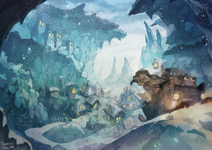 1girl, canyon, lantern, monster, original, pone, scenery, sled