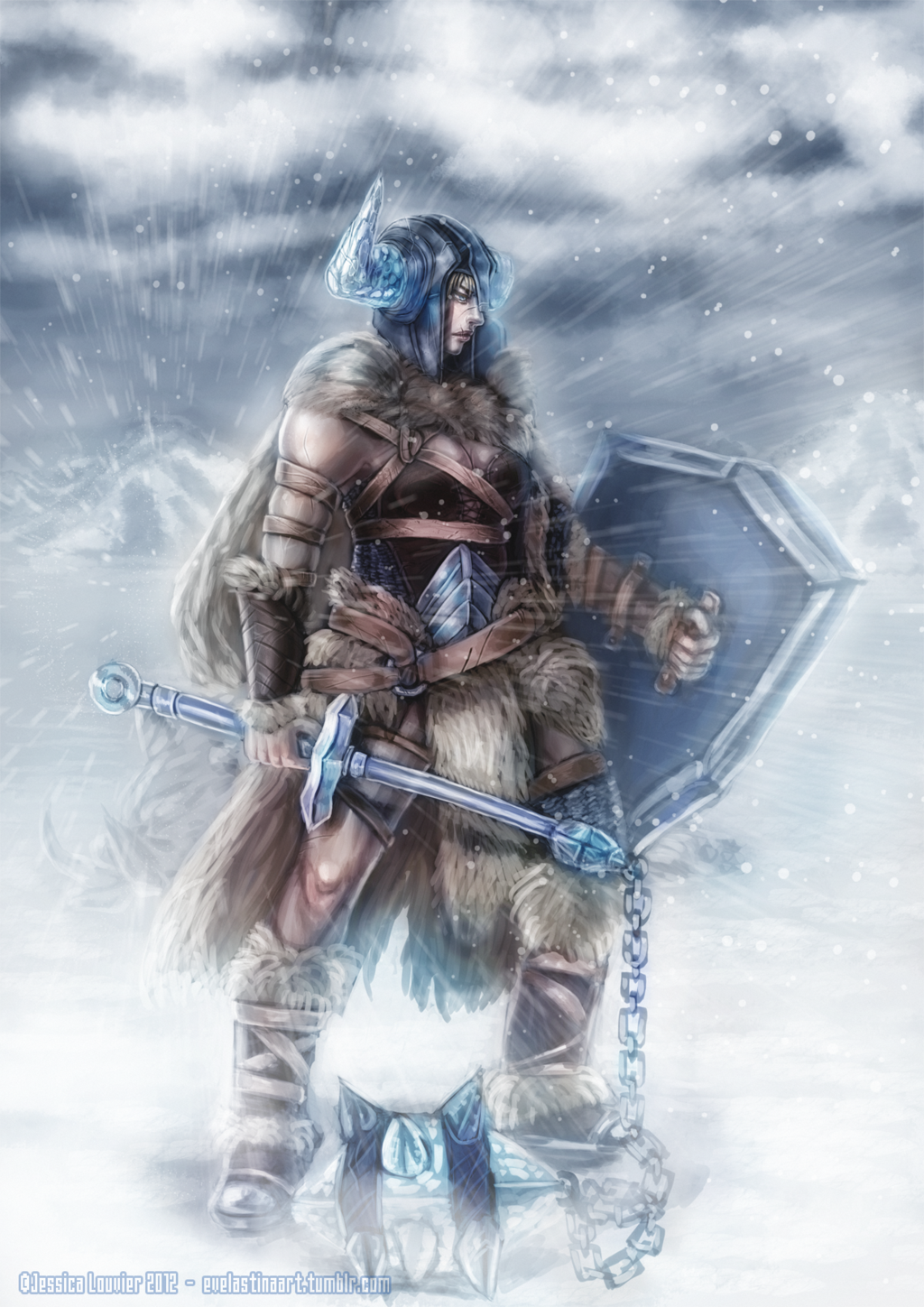 armor, bustier, flail, fur, helmet, highres, league_of_legends, leather