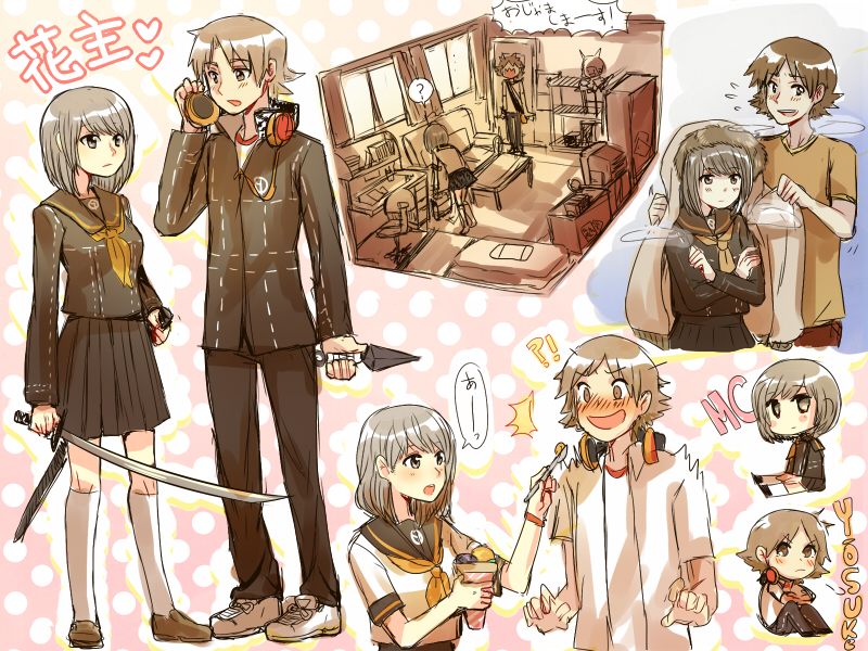!?, /\/\/\, 1boy, 1girl, blush, brown_eyes, brown_hair, chibi_inset