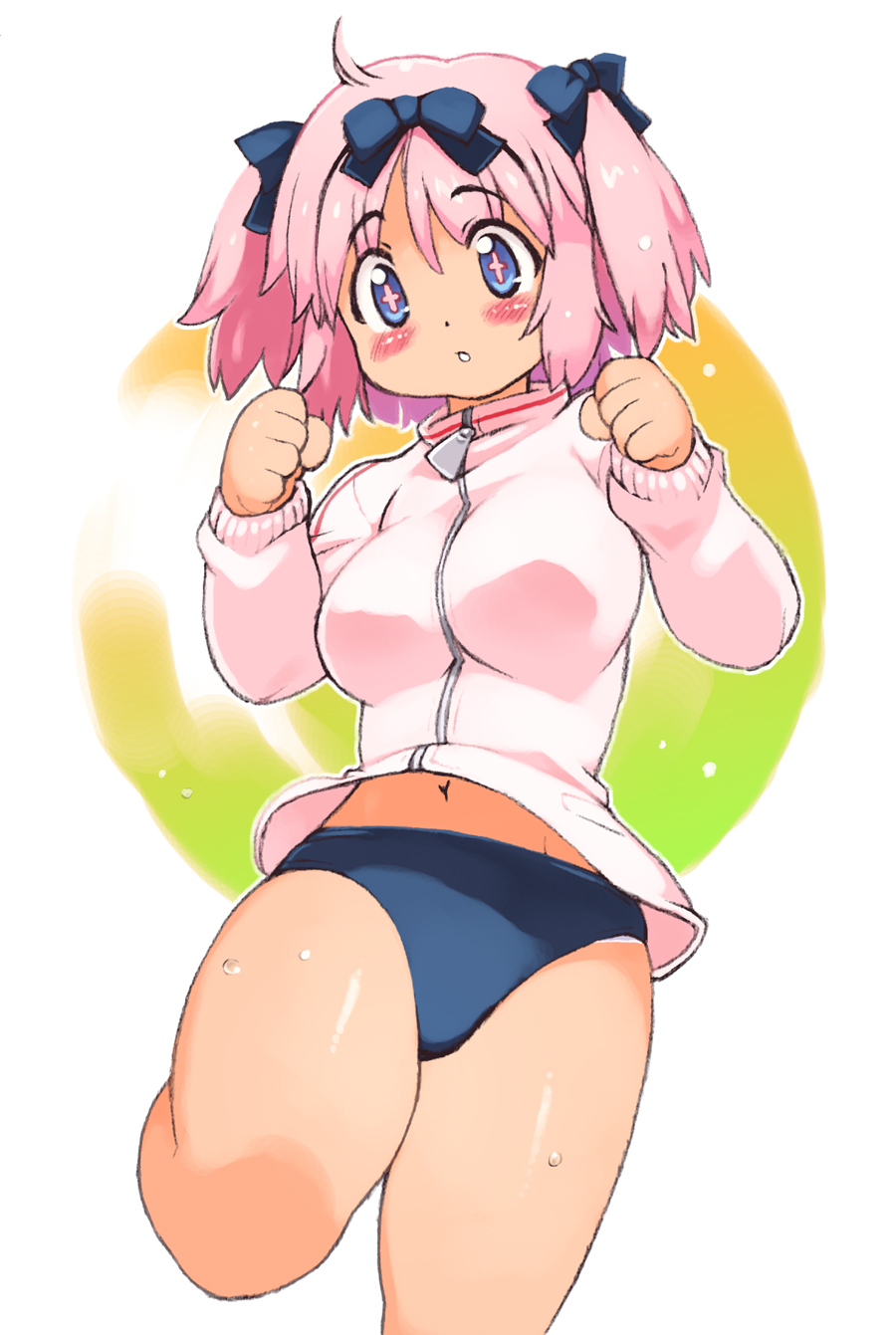 1girl, :o, ahoge, blush, blush_stickers, bow, buruma, hair_bow