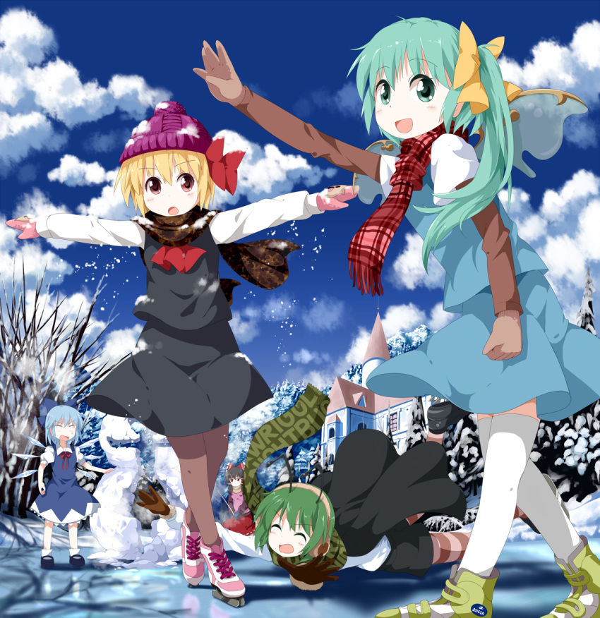 5girls, adapted_costume, alternate_headwear, antennae, arm_up, ascot, black_dress, black_hair
