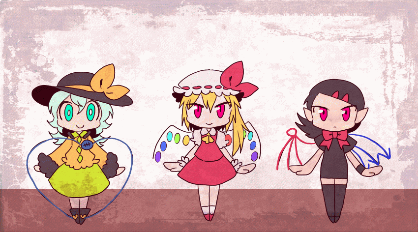 3girls, :d, ^_^, animated, animated_png, asymmetrical_wings, black_hair, black_legwear, blonde_hair, chibi, closed_eyes, dancing, dress, fangs, flandre_scarlet, green_eyes, hair_ornament, hairclip, hands_together, hat, houjuu_nue, komeiji_koishi, long_hair, multiple_girls, open_mouth, pointy_ears, red_eyes, sizma, skirt, skirt_set, smile, standing_on_one_leg, sweatdrop, thigh-highs, thighhighs, third_eye, touhou, wings