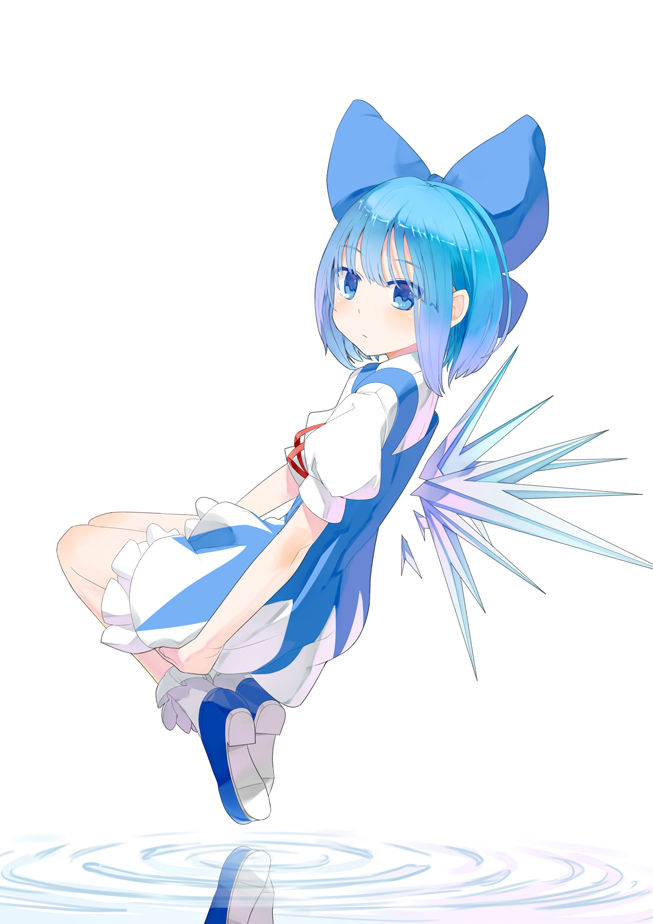 1girl, blue_eyes, blue_hair, bow, cirno, dress, hair_bow, kokono_(sakaebaka)