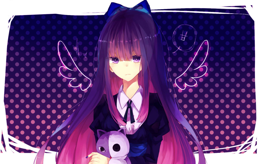 1girl, aa386993338, alternate_eye_color, bangs, blue_hair, blunt_bangs, bow, detached_wings