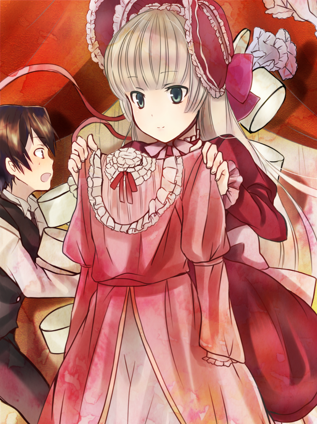1boy, 1girl, aqua_eyes, blonde_hair, bonnet, butler, clothes, dress