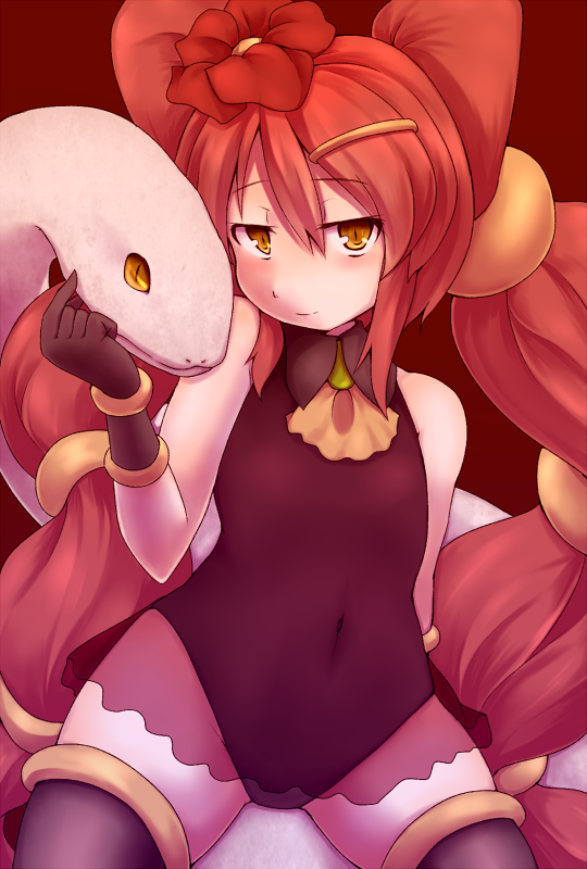 1girl, black_gloves, clothed_navel, flower, gloves, hair_flower, hair_ornament, hairclip, kuromiya, long_hair, looking_at_viewer, original, red_hair, redhead, snake, solo, thigh-highs, thighhighs, tsuchimi_minori, twintails, very_long_hair, yellow_eyes