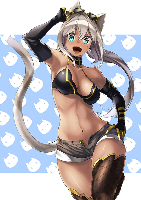 1girl, animal_ears, aqua_eyes, bikini_top, breasts, cat_ears, cat_tail, choker