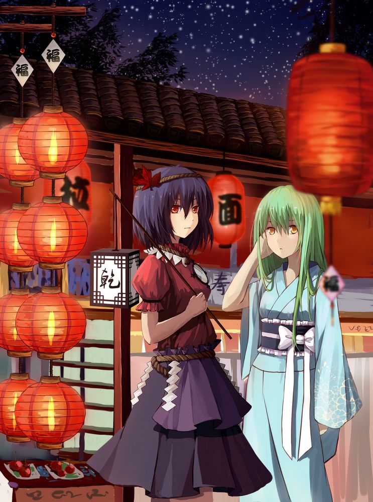 2girls, food, green_hair, hair_ornament, japanese_clothes, kochiya_sanae, lantern, leaf