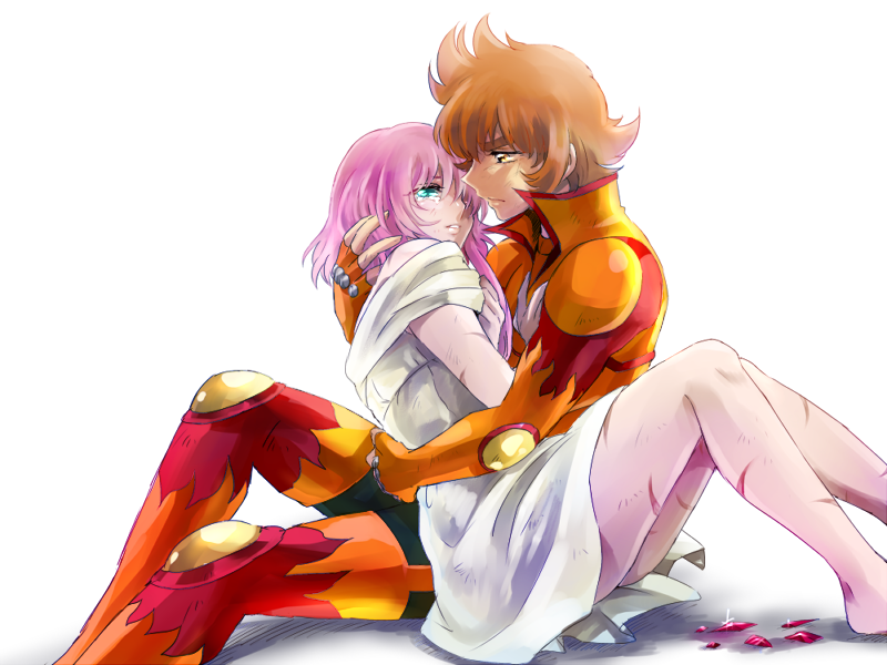 1girl, amiko, armor, brown_eyes, green_eyes, hornet_sonia, hug, lionet_soma