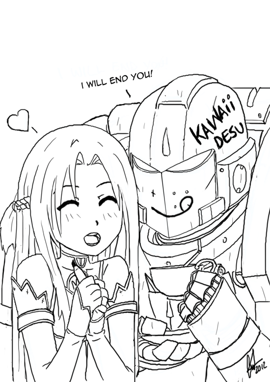 armor, asuna_(sao), black_templars, crossover, cup, mr_rumbles, space_marine, sword_art_online