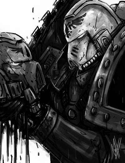 1boy, armor, bleeding, blood, blood_ravens, decapitated, helmet, holding_head, holding_helmet, insignia, mr_rumbles, power_armor, shoulder_pads, simple_background, solo, space_marine, warhammer_40k