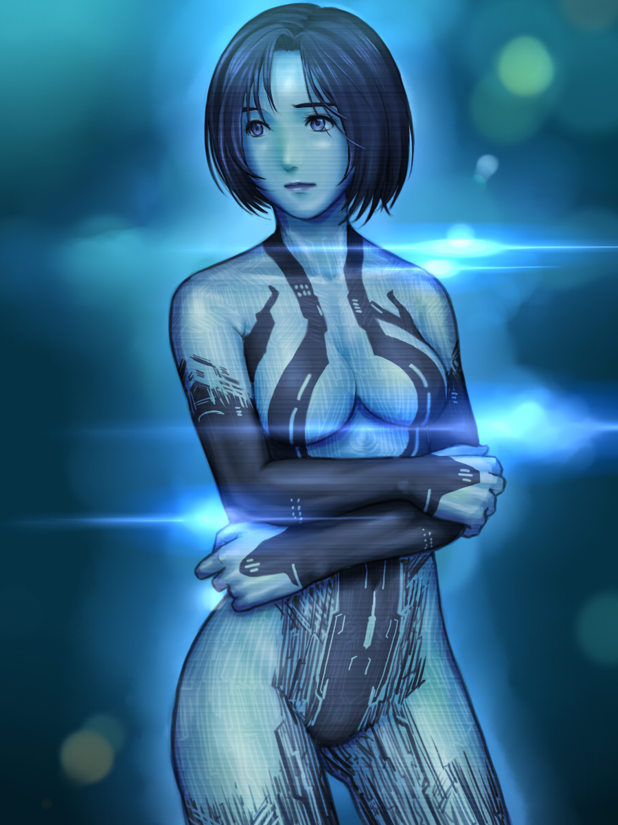 1girl, arms_cross, blue_eyes, blue_hair, blue_skin, cortana, halo_(game), highres
