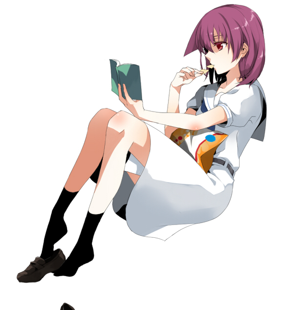 1girl, book, eating, feet, miyanaga_teru, no_shoes, reading, red_hair