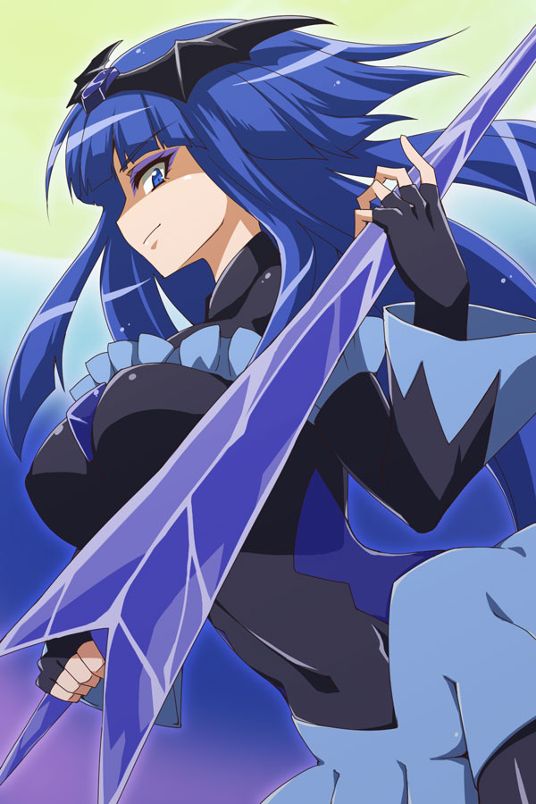 1girl, bad_end_beauty, bad_end_precure, blue_eyes, blue_hair, bodysuit, dark_persona, ice_sword