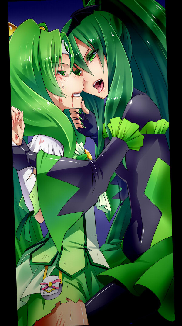 2girls, arm_grab, bad_end_march, bad_end_precure, blood, blush, bodysuit, breasts
