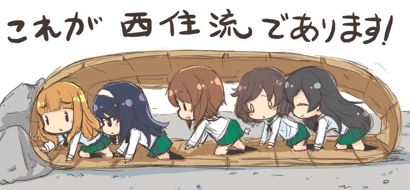 5girls, akiyama_yukari, blush, blush_stickers, brown_hair, caterpillar_tracks, chibi, crawling
