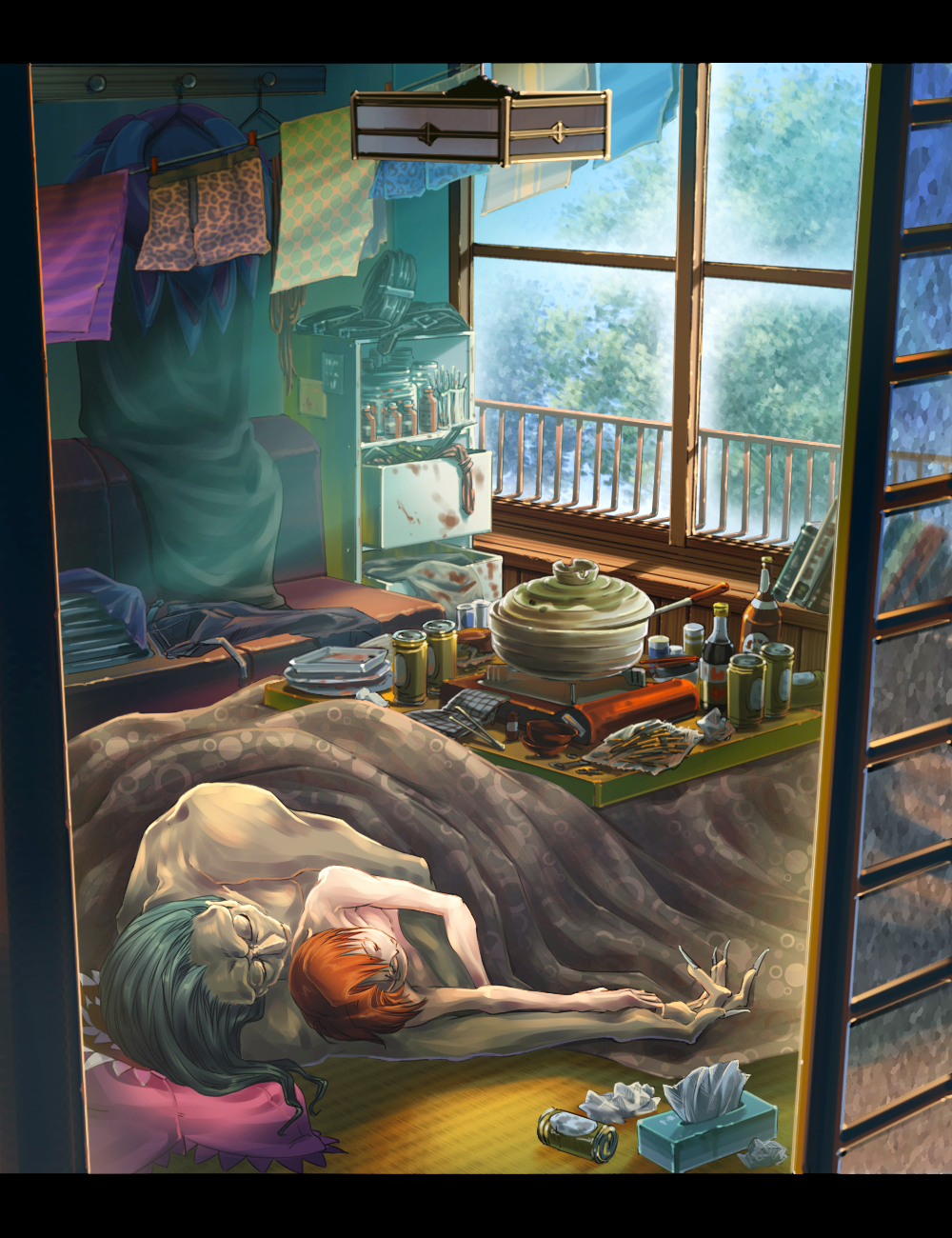 2boys, bed, beer, black_hair, blanket, caster_(fate/zero), clothesline, fate/zero