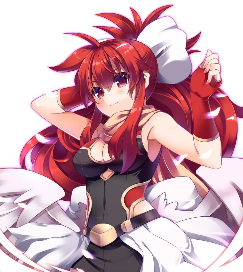 1girl, arm_behind_head, belt, blush, bow, breasts, chibi_(nekomimimi), cleavage