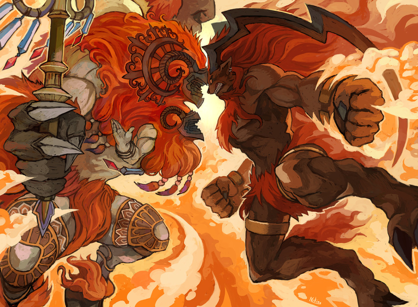 armor, belias, bracelet, claws, clenched_teeth, earrings, esper, face-off, final_fantasy, final_fantasy_x, final_fantasy_xii, fire, horns, ifrit, jewelry, monster, muscle, niking, no_humans, red_hair, redhead, staff, yellow_eyes, yellow_sclera