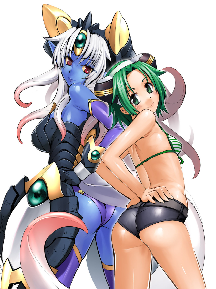 2girls, ass, back, bare_shoulders, belt, bikini, bikini_top, blue_skin