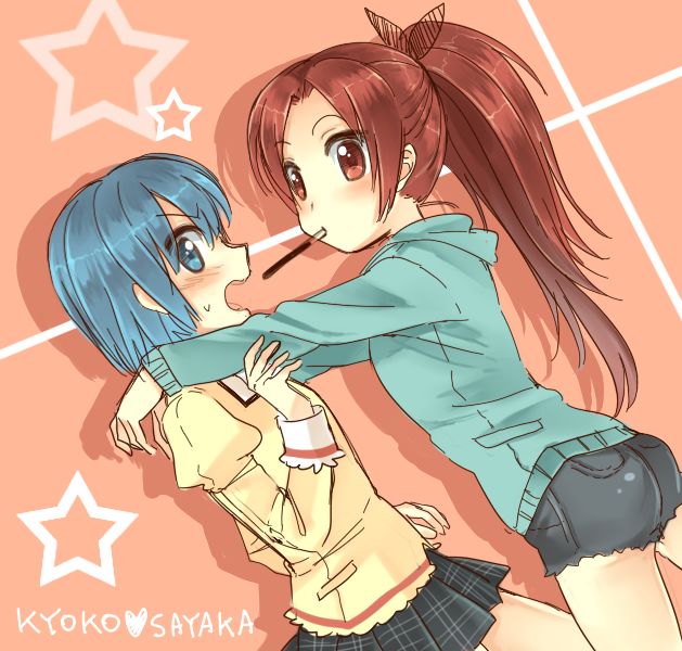 2girls, blue_hair, blush, bow, dddoochi1, denim, denim_shorts, hair_bow