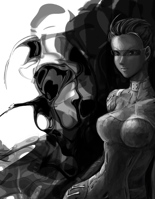 bodysuit, chikuana, female, monochrome, ouka_(shadow_hearts), shadow_hearts, shadow_hearts_ii, short_hair