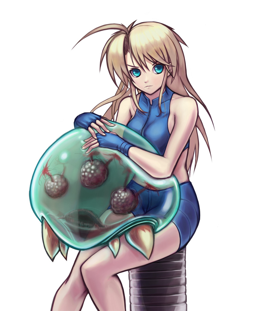 1girl, ahoge, bare_shoulders, blonde_hair, blue_eyes, breasts, crop_top, fingerless_gloves, fusion_suit, gloves, highres, huge_ahoge, hybridmink, long_hair, metroid, metroid_(creature), samus_aran, shorts, sitting