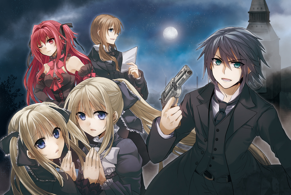 2boys, 3girls, blue_eyes, clock, clock_tower, corticarte_reichstein, gun, hands_together
