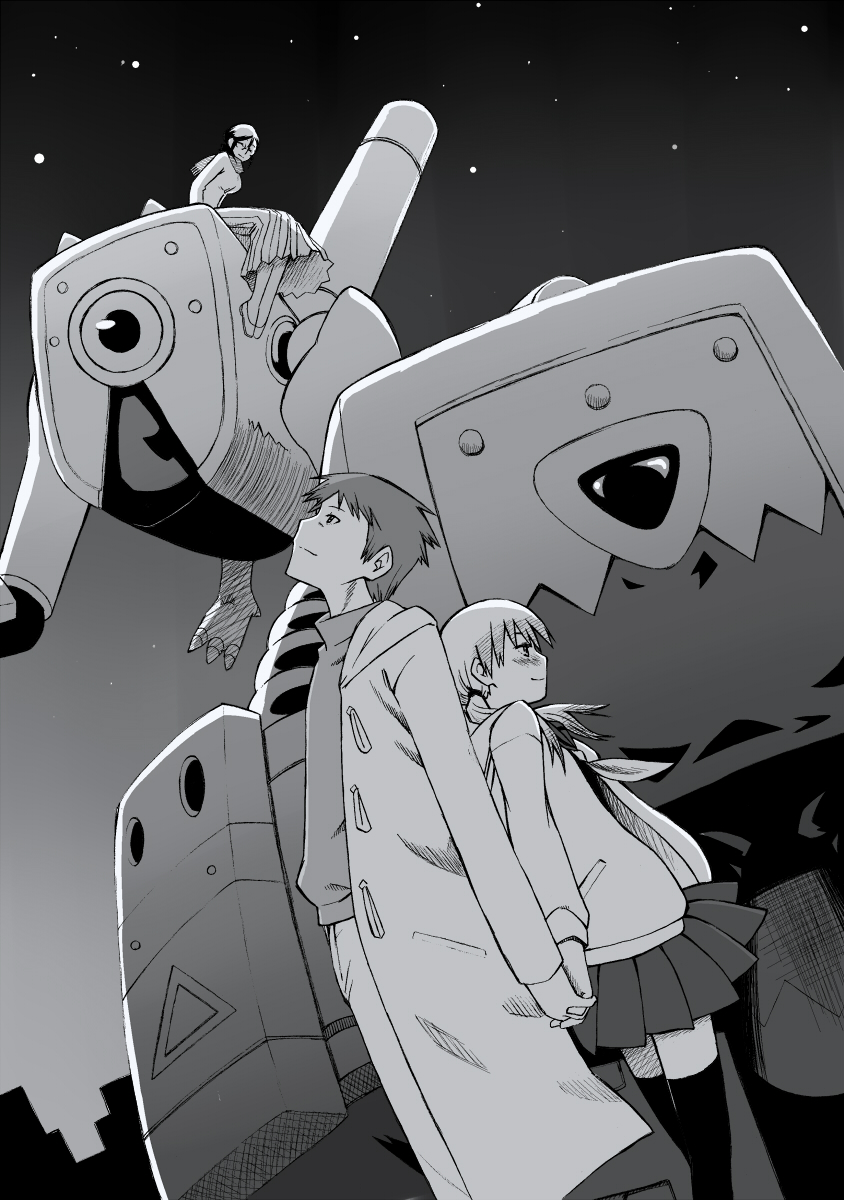 1boy, 2girls, back-to-back, coat, floating, greyscale, highres, hiiragi_kouichi, himehagi_himeko, himiehagi_himeko, interlocked_fingers, mecha, monochrome, multiple_girls, naiki, night, night_sky, psycho_staff, sakuragi_umeko, sitting, sky, thigh-highs, thighhighs