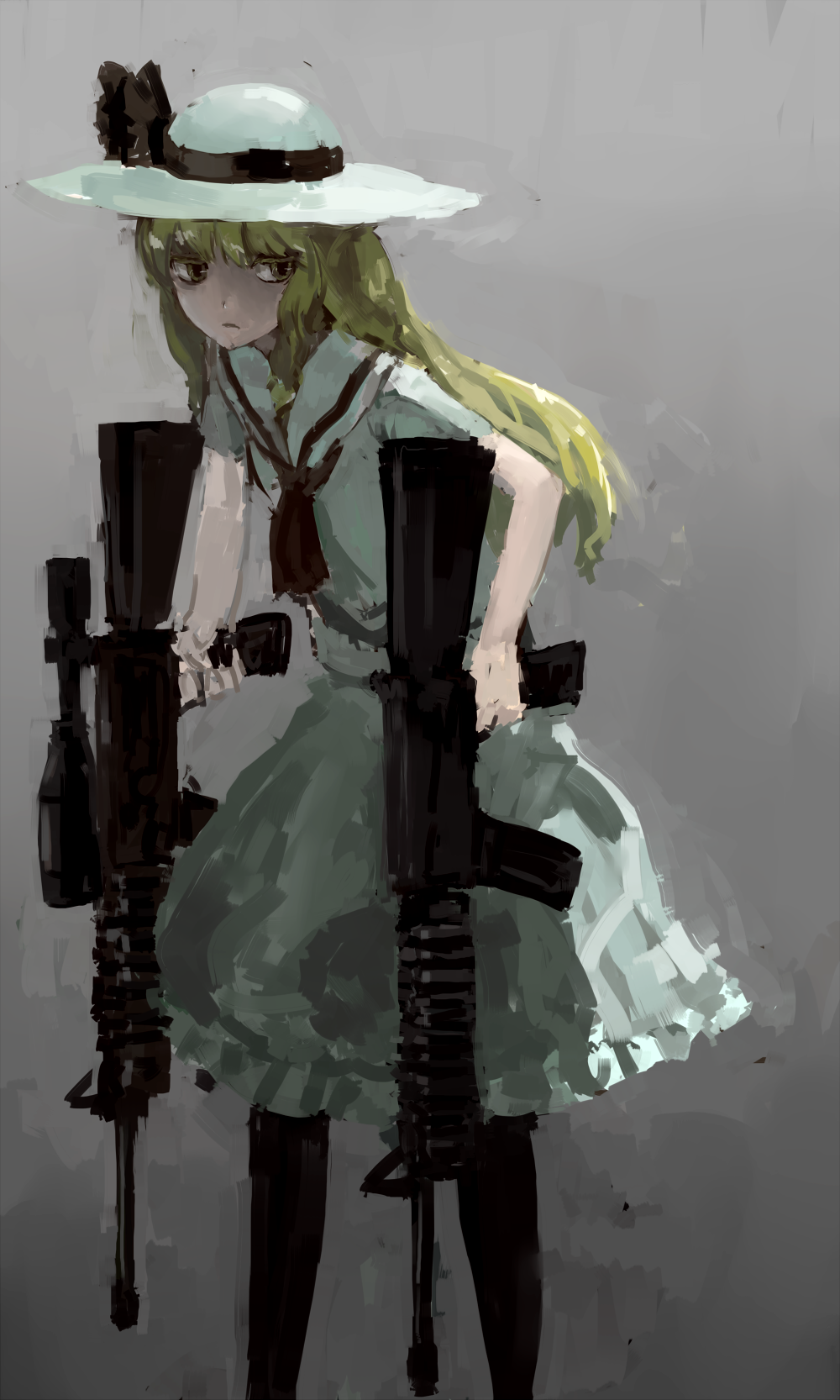 abstract, blonde_hair, dress, dual_wielding, gun, hat, highres, kai_(kai_013), kai_(pixiv84265), long_hair, original, pantyhose, solo, weapon, yellow_eyes