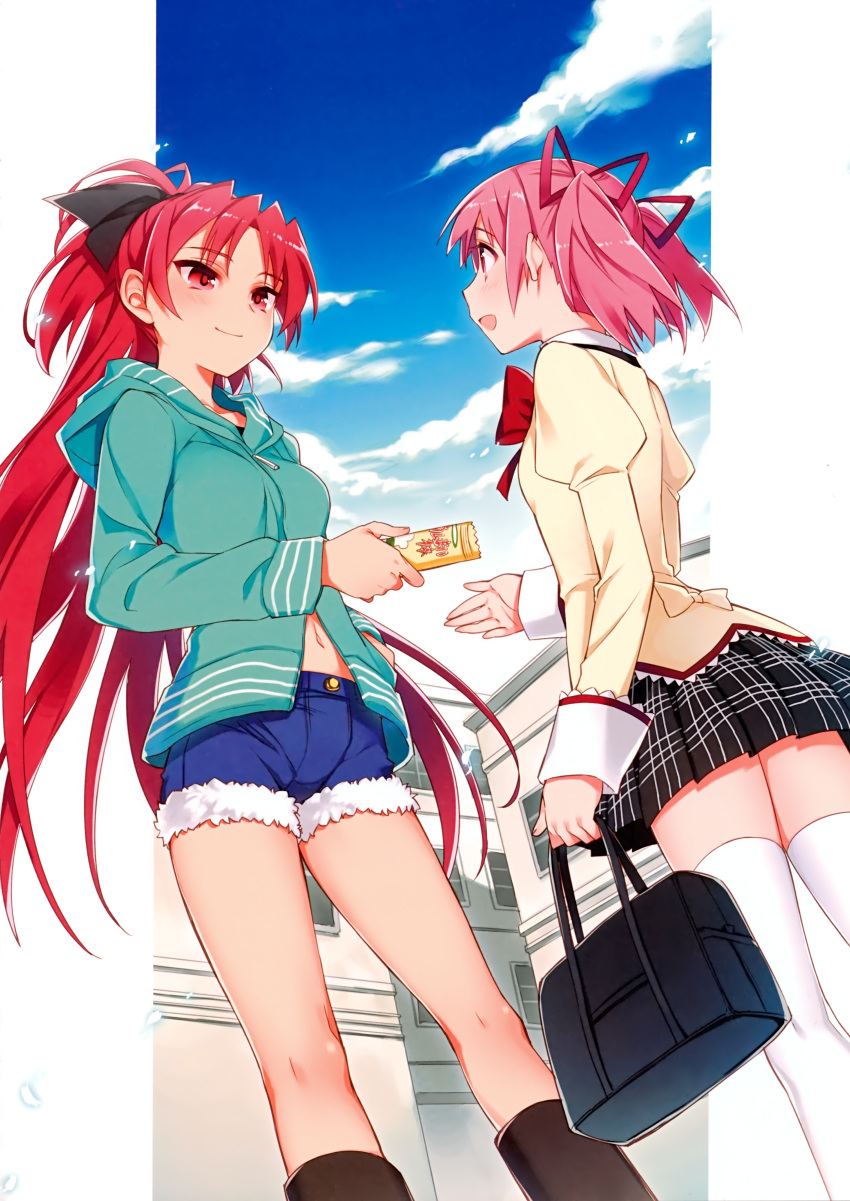 2girls, :d, absurdres, artist_request, bag, bare_legs, cloud, clouds