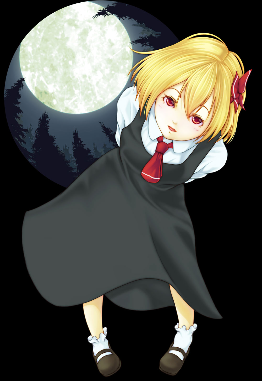 arms_behind_back, bent_over, enmatime, full_moon, highres, mary_janes, moon, night