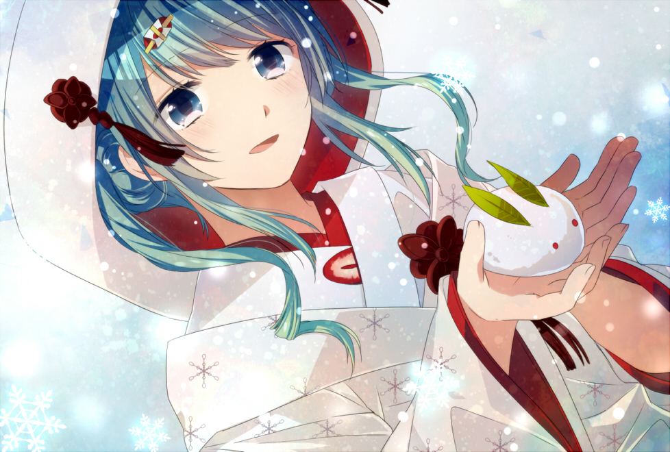 akatsuki_(4941086), alternate_costume, alternate_hairstyle, aqua_eyes, aqua_hair, blush, bust, hair_ornament