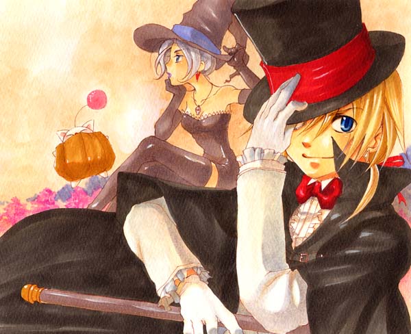 bare_shoulders, blonde_hair, blue_eyes, cane, cloak, elbow_gloves, female, final_fantasy