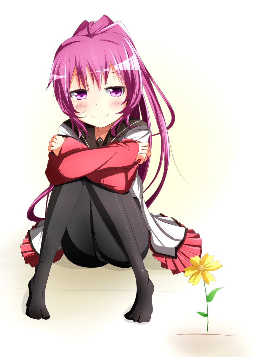 1girl, black_legwear, crossed_arms, ehimedaisuki, flower, highres, long_hair, no_shoes