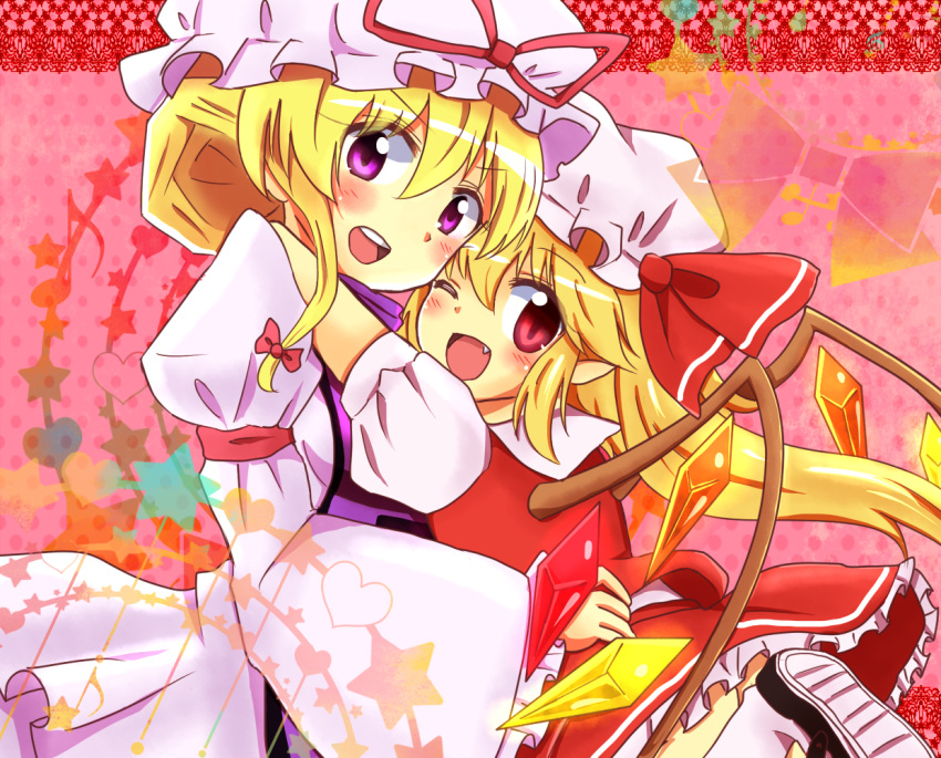 2girls, blonde_hair, fang, flandre_scarlet, hair_up, hat, heart, hug