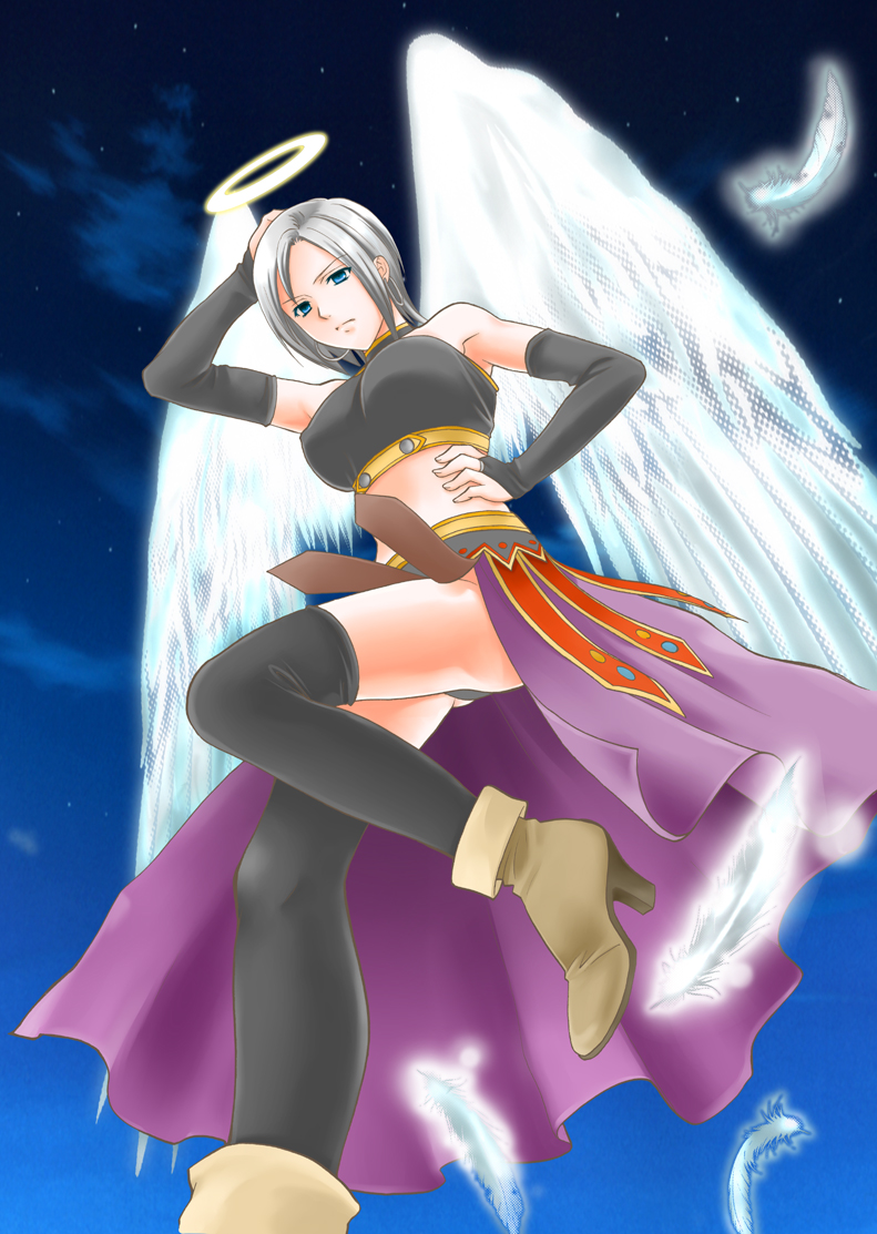 1girl, angel_wings, blue_eyes, boots, breasts, bridal_gauntlets, choker, dragon_quest
