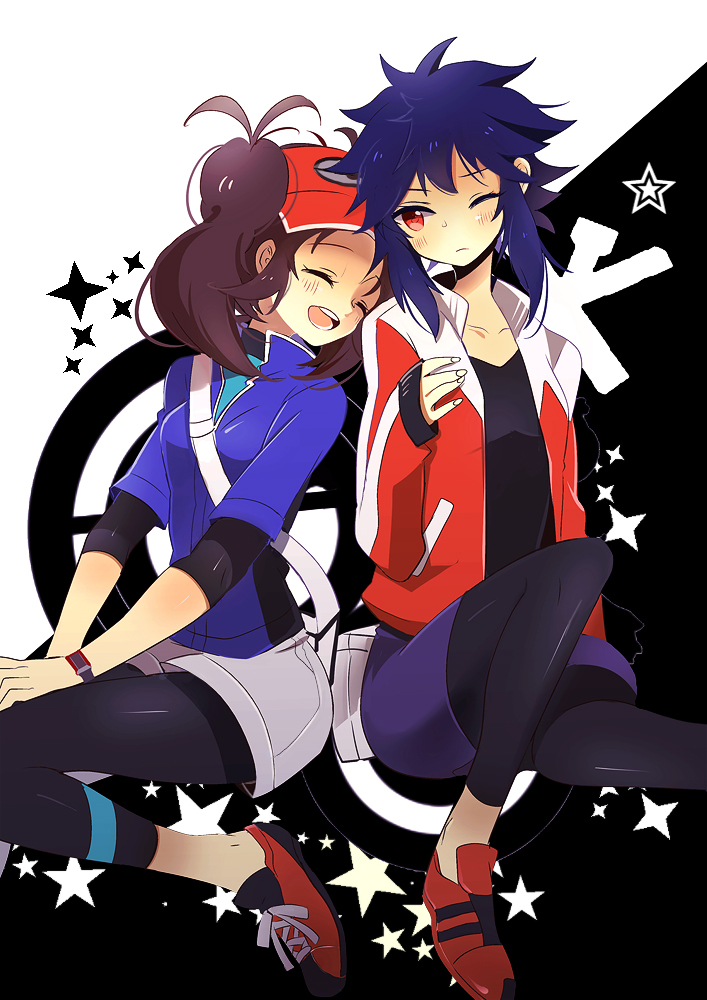 2girls, black_hair, brown_hair, closed_eyes, eyes_closed, genderswap, hat, hue_(pokemon)
