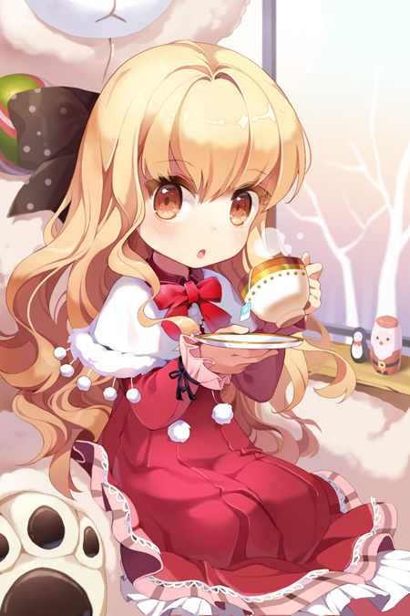 :o, blonde_hair, blush, bow, capelet, celine_hastur, child, cup, dress, gilse, holding, layered_dress, long_hair, lowres, open_mouth, orange_eyes, plate, polka_dot, ribbon, sitting, solo, stuffed_animal, stuffed_toy, sword_girls, teacup, tree, very_long_hair, wavy_hair