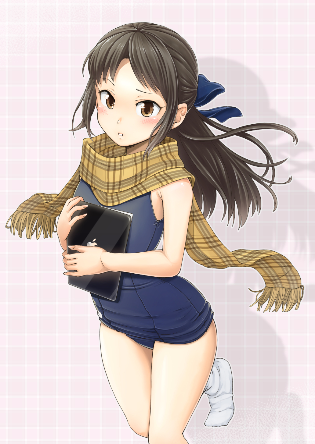 1girl, apple_inc., black_hair, blush, bow, brown_eyes, hair_bow, half_updo