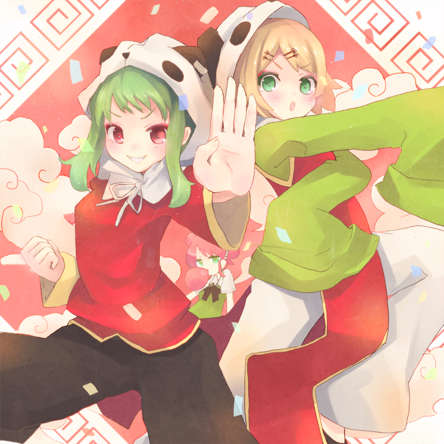 3girls, animal_hat, animal_hoodie, blonde_hair, blowing_bubbles, bubble_gum, bubblegum, chinese_clothes