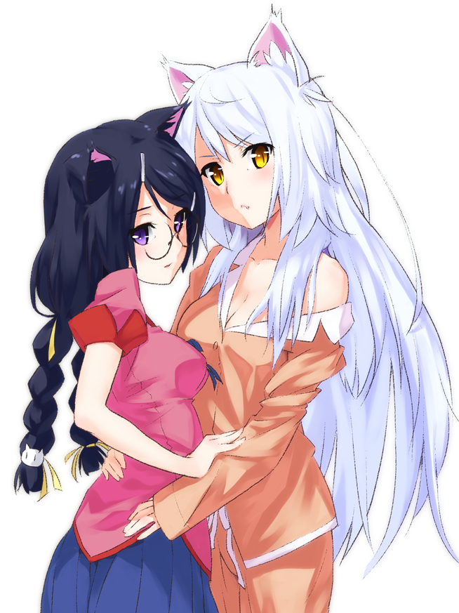 animal_ears, bakemonogatari, black_hair, black_hanekawa, braid, cat_ears, dual_persona, glasses