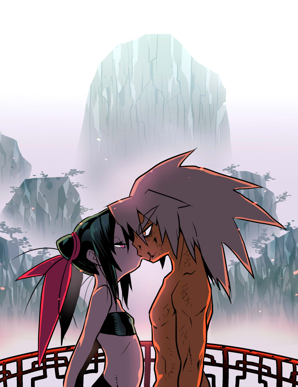 1boy, 1girl, black_hair, bridge, dark_skin, double_bun, flat_chest, hair_ribbon, half-closed_eyes, highres, kiss, mountain, muscle, orange_eyes, original, pink_eyes, ribbon, same_(g_shark), shirtless, silver_hair, spiked_hair, spiky_hair, tubetop