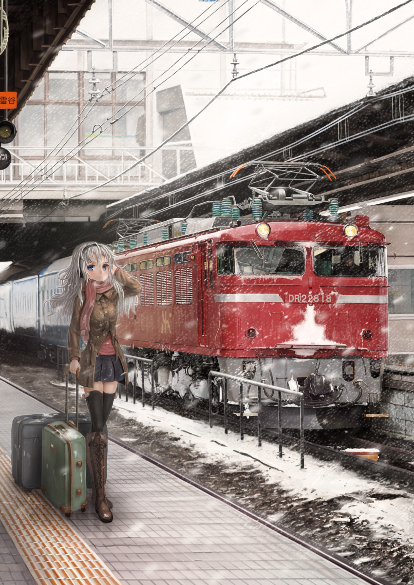 1girl, absurdres, black_legwear, blue_eyes, boots, cross-laced_footwear, earmuffs, gd._fengzi