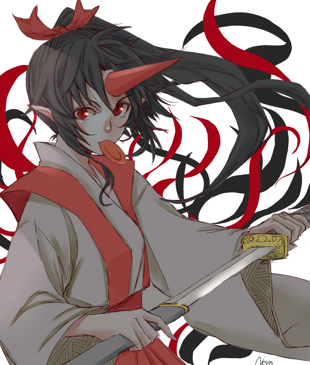 1girl, black_hair, highres, horn, konngara, kuronuko_neero, long_hair, mouth_hold