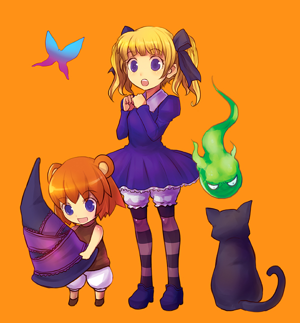 2girls, alice_(odin_sphere), animal_ears, bear_ears, blonde_hair, bloomers, brown_hair, butterfly
